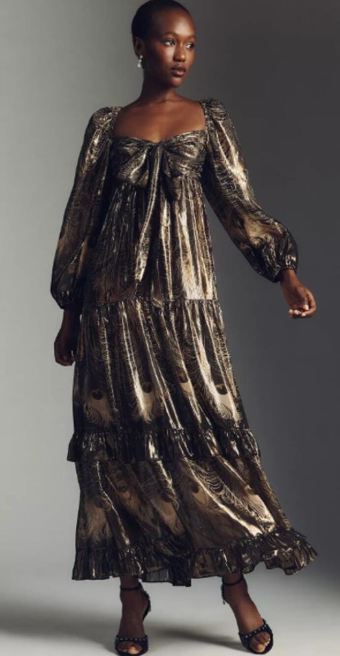By Anthropologie Metallic Peacock Long-Sleeve Babydoll Midi Dress S NWT $268